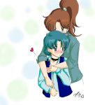 2_girls 2girls ami_mizuno athenacaruso_(artist) bishoujo_senshi_sailor_moon blue_eyes blue_hair blush brown_hair choker clothes earrings female female_only from_behind green_eyes hair hair_bobbles hair_ornament heart hug_from_behind hugging jewelry kino_makoto long_hair makoto_kino mizuno_ami multiple_girls necklace ponytail sailor_jupiter sailor_mercury sailor_moon short_hair shy sweater wavy_hair yuri