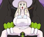 big_breasts blonde_hair bosomancer dress dress_pull green_eyes lillie_(pokemon) pokemon pokemon_sm tight_clothing tight_dress zygarde