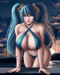 1girl arm_support big_breasts bikini bikini_bottom bikini_top blue_bikini blue_eyes blue_hair breasts cleavage curvy female_only flowerxl hair_between_eyes huge_breasts league_of_legends long_hair looking_at_viewer pool solo_female sona sona_(league_of_legends) thighs twin_tails