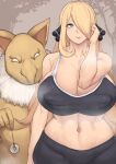 1boy 1girl bare_shoulders big_breasts blush closed_mouth cynthia_(pokemon) game_freak hair_covering_one_eye hair_ornament huge_breasts human hypno looking_at_viewer metal_owl navel nintendo outdoor outside pokemon_(anime) pokemon_(game) pokemon_dppt sports_bra standing