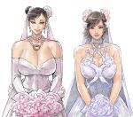 2_girls accessory asian asian_female bare_shoulders big_breasts bouquet breasts bridal_gloves bride brown_eyes brown_hair capcom chinese chun-li cirenk cleavage clothed clothing crossover cute double_bun dress duo duo_focus ear_piercing earrings elbow_gloves female_focus female_only flower flowers gloves hair_accessory hair_bun hair_buns hair_ornament half-length_portrait handwear holding_bouquet holding_object huge_breasts japanese jewelry kazama_asuka light-skinned_female light_skin looking_at_viewer matching_hair/eyes mature_female mommy multiple_girls namco necklace pearl_necklace pearls piercing portrait sexy sexy_body sexy_breasts short_hair smile smiling_at_viewer street_fighter tekken tied_hair upper_body wedding wedding_dress white_clothing white_dress white_elbow_gloves white_gloves white_handwear wholesome