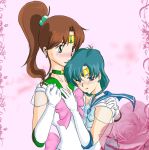 2girls ami_mizuno arms athenacaruso_(artist) bishoujo_senshi_sailor_moon blush choker clenched_hand dress earrings elbow_gloves female flower friends gem gloves hair hair_bobbles hugging jewelry kino_makoto long_hair looking_at_another love magical_girl makoto_kino mizuno_ami multiple_girls mutual_yuri neck necklace parted_lips pink_background pink_rose ponytail ribbon sailor_jupiter sailor_mercury school_uniform see-through serafuku short_hair shy smile sweat sweatdrop tiara white_gloves yuri