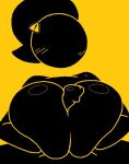  big_breasts black_body jjoyplus paizuri penis penis_between_breasts ponytail warning_sign warning_sign_person yellow_background 