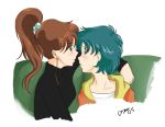 2_girls 2girls ami_mizuno aqua_hair arm_support athenacaruso_(artist) bishoujo_senshi_sailor_moon blue_eyes blue_hair blush brown_hair clothed couch earrings eye_contact female female_only friends green_eyes hair hair_bobbles hair_ornament hoodie incipient_kiss jewelry kino_makoto long_hair looking_at_another love makoto_kino mizuno_ami multiple_girls mutual_yuri neck parted_lips ponytail profile sailor_jupiter sailor_mercury sailor_moon short_hair simple_background sitting sofa sweater white_background yuri