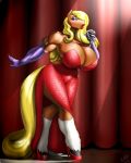 1girl anthro armpits biceps big_breasts blonde_hair blue_eyes breasts brown_fur cleavage clothed clothing clydesdale cosplay digital_media_(artwork) disney draft_horse dress elbow_gloves equine eyeshadow feathering footwear fur furry gloves hair hair_over_eye high_heels hooves horse huge_breasts jackie_rose jessica_rabbit lips lipstick looking_at_viewer makeup mammal marauder6272 mature_female microphone milf muscular muscular_female parent singing stage voluptuous who_framed_roger_rabbit wide_hips