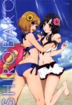 2girls :o absurd_res art ass babe barefoot beach bikini black_hair blue_bikini blue_eyes blush breasts brown_hair choker cleavage cloud copyright_name doughnut feet female flower green_eyes hair hair_flower hair_ornament high_res innertube leg_lift legs light_rays long_hair looking_at_viewer looking_back low_twintails midriff miyamori_aoi multiple_girls ocean official_art open_mouth ribbon_choker shirobako short_hair side-tie_bikini sky smile sunbeam sunglasses sunlight swimsuit water white_bikini white_swimsuit yasuhara_ema yuri