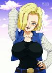 1girl android_18 blonde_hair blue_eyes cleavage curvy dragon_ball erect_nipples gigantic_breasts huge_areolae liesday nipple_bulge puffy_nipples short_hair shounen_jump thick_lips voluptuous