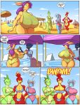 2015 anthro avian beach big_breasts bikini bird breast_expansion breasts breegull cleavage clothed clothing comic dialogue english_text equine female horn huge_breasts jaeh lizard male mammal reptile scalie seaside swimsuit text transformation unicorn