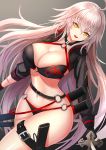  1girl ahoge bangs bikini black_bikini black_gloves blush breasts choker cleavage fate/grand_order fate_(series) gloves hair_between_eyes jacket jeanne_d&#039;arc_(alter)_(swimsuit_berserker) jeanne_d&#039;arc_(fate)_(all) large_breasts long_hair looking_at_viewer navel o-ring o-ring_bikini shrug_(clothing) silver_hair swimsuit very_long_hair yellow_eyes 