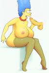 1girl big_breasts blue_hair breasts cum disembodied_penis hair handjob marge_simpson milf nipples pbrown penis the_simpsons yellow_skin