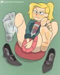 amphibia barefoot blonde_hair blush dirty_socks disney disney_channel embarrassed foot_fetish mr._chase_comix sasha_waybright shoes shoes_removed skirt sock sole