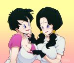 1girl 2_girls cleavage clothing curvy dragon_ball dragon_ball_z erect_nipples gigantic_breasts huge_areolae incest liesday puffy_nipples selfcest short_hair shounen_jump thick_lips time_paradox twin_tails videl voluptuous yuri