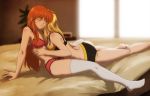  2girls babe bed blonde_hair blush bra breasts closed_eyes couple donrondo fate_testarossa female girl_on_top hair kissing lingerie long_hair lyrical_nanoha mahou_shoujo_lyrical_nanoha multiple_girls neck_kiss orange_hair panties stockings takamachi_nanoha thighhighs underwear underwear_only white_legwear yuri 