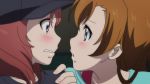  2girls :o baseball_cap blue_eyes blush brown_hair clenched_teeth eye_contact female hair incipient_kiss kousaka_honoka lips looking_at_another love_live!_school_idol_project multiple_girls nishikino_maki open_mouth orange_hair purple_eyes red_hair redhead short_hair shy teeth yuri 