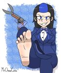 blue_eyes evil_smile foot_fetish gun mr._chase_comix oc original_character scissors shoe sole solo_female striped_hair toes weapon