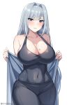  1girl 1girl alluring bare_shoulders big_breasts blue_eyes cleavage collarbone covered_navel english_text ethel_(xenoblade) grey_hair hair_intakes high_res light_blush long_hair looking_at_viewer meme namu_(112namu) navel parted_lips teeth undressing very_long_hair xenoblade_(series) xenoblade_chronicles_3 