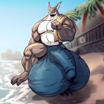 2014 anthro beach big_muscles big_testicles bulge camel_tail clothing dragon hyper hyper_penis hyper_testicles male muscle neodokuro outside pecs penis rook_(overlai) seaside solo testicles