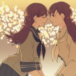 2girls art brown_eyes brown_hair closed_eyes deco_(geigeki_honey) dual_persona female hair incipient_kiss kantai_collection long_hair looking_at_another multiple_girls ooi_(kantai_collection) open_mouth pleated_skirt school_uniform selfcest serafuku skirt smile yuri