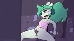 1girl 2019 anthro blush bottomless cartoon_network clothed clothing fink_(ok_k.o.!_lbh) fur furniture furry gif green_body green_fur green_hair hair headphones holding_object improvised_sex_toy looking_pleasured mammal masturbation melieconiek mouse murid murine ok_k.o.!_let's_be_heroes open_mouth pussy rodent sofa vaginal vaginal_masturbation