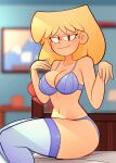 arkeus black_eyes blonde_hair blue_panties blush bra breasts cleavage lingerie looking_at_viewer lori_loud panties sitting stockings stockings tagme the_loud_house