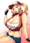  1girl abs bare_shoulders baseball_cap big_breasts bimbo blonde_hair blue_eyes breasts cap cleavage cropped_legs denim denim_shorts digital_drawing_(artwork) digital_media_(artwork) erect_nipples erect_nipples_under_clothes fatal_fury female_only fingerless_gloves genderswap genderswap_(mtf) gloves hat hourglass_figure king_of_fighters long_hair navel nipple_bulge one_eye_closed open_mouth ponytail sitting snk snk_heroines:_tag_team_frenzy terry_(snk_heroines:_tag_team_frenzy) terry_bogard text toguchi_masaya tongue unzipped voluptuous watermark wink 