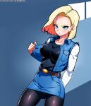 1girl 1girl 1girl android_18 arm_behind_back belt big_breasts black_legwear black_pantyhose black_shirt blonde_hair blue_eyes blue_skirt breasts cameltoe clothing denim denim_jacket denim_skirt dragon_ball dragon_ball_super dragon_ball_z earrings female_only jacket jewelry legwear long_sleeves looking_at_viewer pantyhose shirt short_hair skirt thighs vest