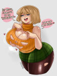 1girl 1girl 1girls ashley_graham ashley_graham_(brooke_elizabeth_mathieson) big_breasts blonde_hair blue_eyes capcom cleavage cleavage_cutout dialogue english_text female_only halloween medium_hair narrowed_eyes open_mouth pantyhose pummies resident_evil resident_evil_4 simple_background skirt sleeveless_sweater smile speech_bubble sweater thick_thighs