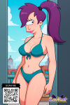 1girl 1girl 1girl ai_generated aqua_bikini big_breasts bikini blue_bikini blue_sky breasts cleavage clothing cloud day futurama hair_over_one_eye lips lipstick long_hair makeup medium_breasts navel ponytail purple_hair savitar savitar_(artist) sky smile swimsuit tied_hair