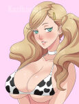 1girl alluring ann_takamaki atlus big_breasts bikini blonde_hair cleavage hair_ornament kazibar looking_at_viewer persona persona_5 pin_up teal_eyes