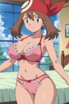 1girl accurate_art_style alluring androidparanoid bandana bare_legs beanie bed bedroom big_breasts blue_eyes bra brown_hair cleavage may may_(pokemon) nintendo panties pin_up pokemon pokemon_(anime) underwear