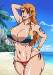  1girl 1girl 1girl ass beach big_breasts bikini breasts brown_eyes curvy happy huge_breasts legs long_hair nami nami_(one_piece) naruho one_piece orange_hair pose red_bikini sea sexy shiny_skin smile solo_female solo_focus tattoo voluptuous 