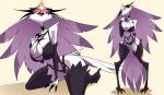  beak bending_over big_breasts bird cleavage coolerinker crown feathers gloves hand_on_chest hand_on_thigh headgear helluva_boss inker_comics inkershike kneel lingerie red_eyes sharp_claws smile stella_(helluva_boss) stockings tagme taller_girl thick_thighs voluptuous wide_hips 