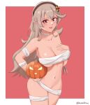 1girl 2023 alluring alternate_costume artist_name bandage bare_shoulders big_breasts blonde_hair cleavage corrin_(fire_emblem) corrin_(fire_emblem)_(female) daymandraws female_only fire_emblem fire_emblem_fates hair_ornament hairband halloween halloween_costume high_res jack-o'-lantern light-skinned_female light_skin long_hair looking_at_viewer mummy mummy_costume navel nintendo pointy_ears red_eyes watermark