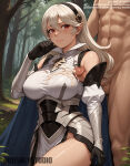 1boy 1girl 1girl ai-created ai_generated armor artist_name bangs bare_shoulders big_breasts black_gloves black_hair_ornament black_hairband blue_cape blush breasts cape closed_mouth clothed_female_nude_male clothing corrin_(female)_(fire_emblem) corrin_(fire_emblem)_(female) cowboy_shot detached_sleeves ejaculation erection fire_emblem fire_emblem_heroes fire_emblem_if forest gauntlets gloves hair_between_eyes hairband headwear hetero jousneystudio juliet_sleeves kamui_(fire_emblem) long_hair long_sleeves looking_at_viewer male nature nude outside patreon_username penis pointed_ears puffy_sleeves red_eyes semen semen_on_body solo_focus sweat text thighs tree uncensored underbust white_hair