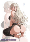 1girl absurd_res alluring ass bare_shoulders barefoot black_bra black_panties bra commentary corrin_(fire_emblem) corrin_(fire_emblem)_(female) deliciousbrain feet fire_emblem fire_emblem_fates grey_hair high_res knees_apart_feet_together long_hair looking_at_viewer medium_breasts nintendo panties pointy_ears red_eyes seiza simple_background sitting soles thong toes underwear very_long_hair white_background zoom_layer