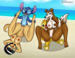  anthro armpits arms_behind_head bankaipacay beach big_breasts blue_eyes colleen cowgirl_position crossover foursome green_eyes kitty_katswell lilo_and_stitch missionary_position outside public_nudity reuben_(lilo_and_stitch) road_rovers size_difference stitch t.u.f.f._puppy 