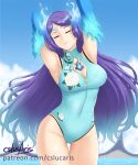 1girl alluring beach big_breasts big_breasts big_breasts bikini brighid_(xenoblade) cleavage core_crystal covered_navel cslucaris fire nintendo one-piece_bikini pose purple_hair smile swimsuit thick_thighs water xenoblade_(series) xenoblade_chronicles_2