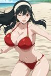 1girl accurate_art_style alluring androidparanoid bare_legs beach big_breasts bikini black_hair blue_sky bouncing_breasts cleavage long_hair milf ocean pin_up posing red_bikini red_eyes spy_x_family winking_at_viewer yor_briar yor_forger