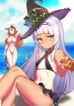 2_girls ahoge beach big_breasts bikini_skirt breasts crossed_legs dragon_horns dragon_tail eyewear_on_head hat high_resolution highlights hololive horizon horns kiryuu_coco long_hair multicolored_hair multiple_girls murasaki_shion navel ocean orange_hair oshiruko_(oshiruco_212048) pettanko purple_hair red_eyes sitting sling_swimsuit small_breasts sunglasses swimsuit tail tan_line tanned virtual_youtuber witch_hat