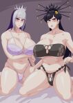 2_girls alluring big_breasts black_hair bra crown iroki karras multiple_girls ohsama_sentai_king-ohger otokam1117 panties purple_eyes silver_and_purple_hair super_sentai underwear