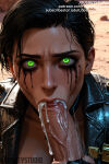 1boy 1girl 1girl 3d ai_generated artist_name black_hair blood breasts choker close-up clothing dark_skin dirty english_text erection facepaint fellatio forehead freyna freyna_(the_first_descendant) glowing_eyes green_eyes hetero jacket jousneystudio large_penis looking_at_viewer makeup male male_pov open_clothes open_jacket oral penis pov realistic saliva short_hair solo_focus the_first_descendant uncensored veins veiny_penis