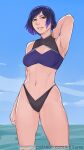  1girl absurd_res alluring athletic_female bare_legs bikini black_and_purple_hair blue_sky cleavage female_abs fit_female high_res kalruna medium_breasts namco ocean purple_eyes reina_(tekken) swimsuit tekken tekken_8 