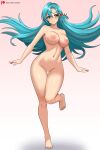 1girl absurd_res alluring aqua_hair bare_legs big_breasts braid chloe_(fire_emblem) cleavage closed_mouth completely_nude_female english_commentary female_only fire_emblem fire_emblem_engage full_body green_eyes hayato_stuff high_res long_hair looking_at_viewer navel nintendo nude patreon_logo pussy smile standing standing_on_one_leg very_long_hair