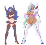 breasts crossed_arms crossover curvy dark_skin explicit friendship_is_magic high_heels horned_humanization humanized junketsu kill_la_kill midriff my_little_pony navel nipples nudity princess_balloona princess_breastia princess_celestia princess_luna senketsu smile stockings sundown vulva wide_hips winged_humanization