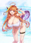 1girl 1girl :d ahoge ark_survival_evolved bikini braid breasts cleavage dragon_girl dragon_horns dragon_tail fang hairband high_resolution hololive horns huge_breasts kiryuu_coco kiyama_satoshi long_hair looking_at_viewer monster_girl open_mouth orange_hair red_eyes smile swimsuit tail thigh_strap tied_hair v very_high_resolution very_long_hair virtual_youtuber white_bikini white_swimsuit