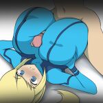 1boy 1girl blonde_hair blue_eyes bodysuit breasts breasts_bigger_than_head cleavage embarrassed erection femboy feminine_body feminine_male feminine_pose gif huge_breasts huge_cock huge_penis hyper_breasts metroid nintendo nipples_visible_through_clothing paizuri penis penis_between_breasts penis_on_breast samus_aran sinensian unknown_male zero_suit_samus