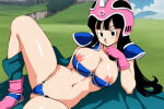 1girl 1girl 1girl ai_generated armor big_breasts bikini bikini_armor black_eyes black_hair blue_bikini boots breasts cape chi-chi_(dragon_ball) chichi&#039;s_armor clothing day dragon_ball female_only gloves grass helmet karmino long_hair looking_at_viewer lying navel nipples on_side outside pink_footwear pink_gloves shoulder_armor swimsuit thighs