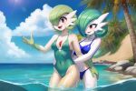 2_girls ai_generated beach bikini exostriker gardevoir gardevoir_love happy jscammie mature_female pokemon pokemon_(game) sea swimsuit water yuri