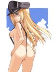  1girl ass bismarck_(kantai_collection) blonde_hair blue_eyes blush breasts hand_on_ass hat high_res kantai_collection long_hair looking_back oota_yuuichi peaked_cap sideboob sling_bikini solo swimsuit 