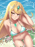  1girl alluring bare_legs big_breasts bikini blonde_hair blush cleavage core_crystal cslucaris long_hair looking_at_viewer mythra naked_from_the_waist_down nintendo partially_submerged pussy sitting smile swept_bangs swimsuit water xenoblade_(series) xenoblade_chronicles_2 yellow_eyes 